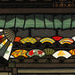 estampe japonaise boutique d'éventails, gros plan sur les éventails