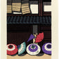 estampe japonaise contemporaine parapluies colorés devant une facade en bois d'une maison japonaise 