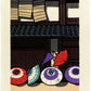 estampe japonaise contemporaine parapluies colorés devant une facade en bois d'une maison japonaise traditionnelle