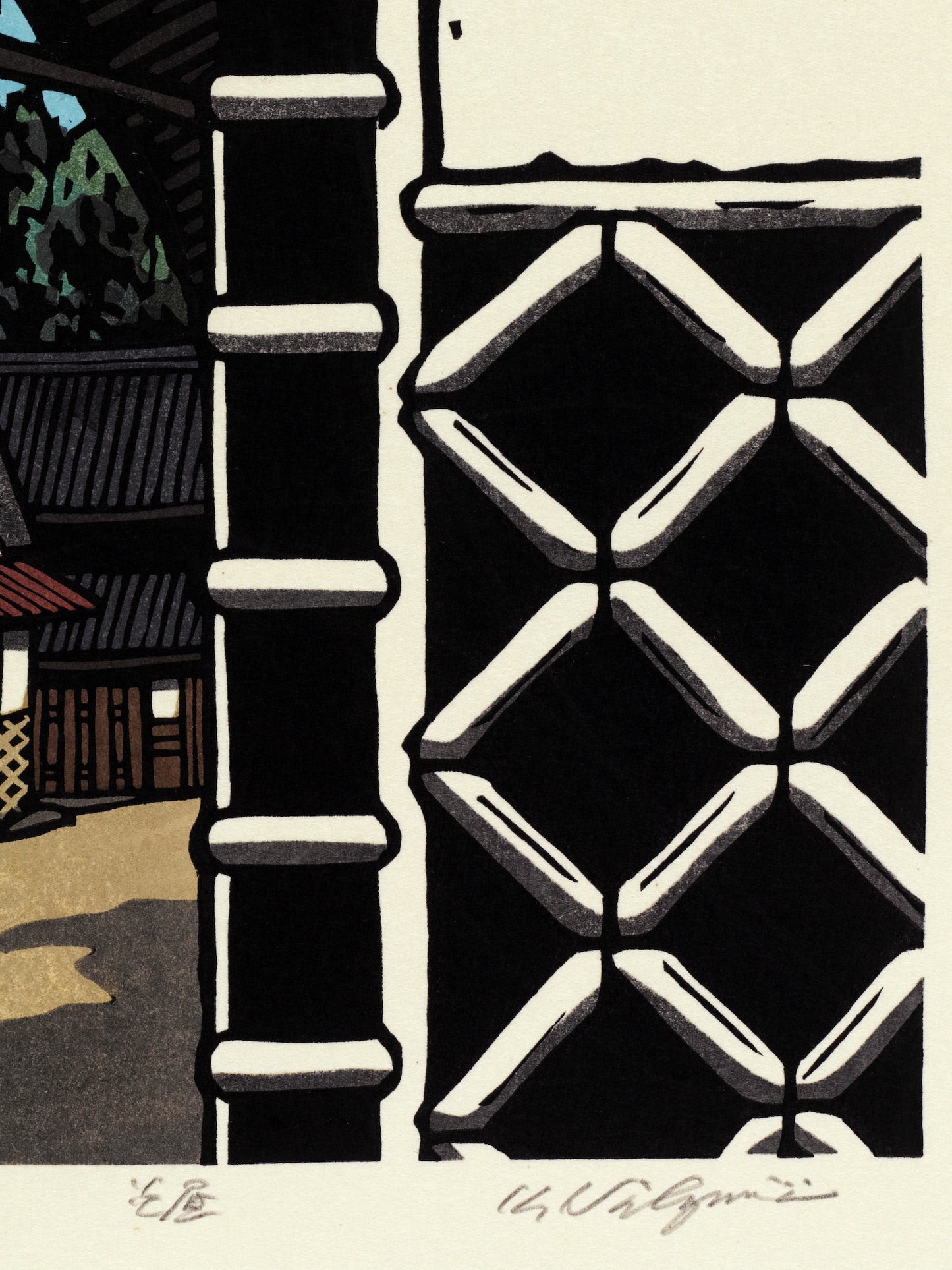 estampe japonaise contemporaine maison d'un village de montagne, gros plan sur la façade en croisillon blanc d'une maison
