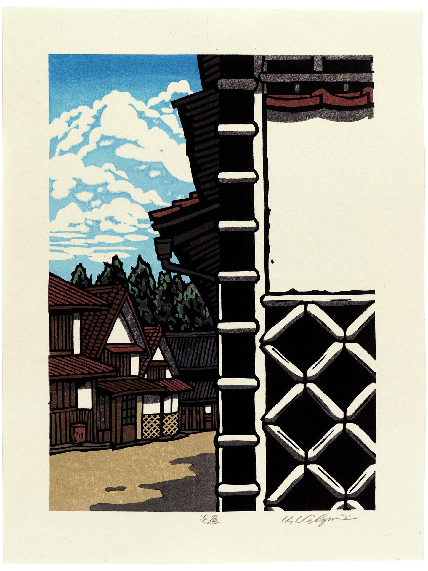 estampe japonaise contemporaine maison d'un village de montagne