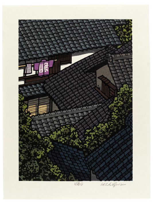 estampe japonaise contemporaine toits aux tuiles vernis à kyoto