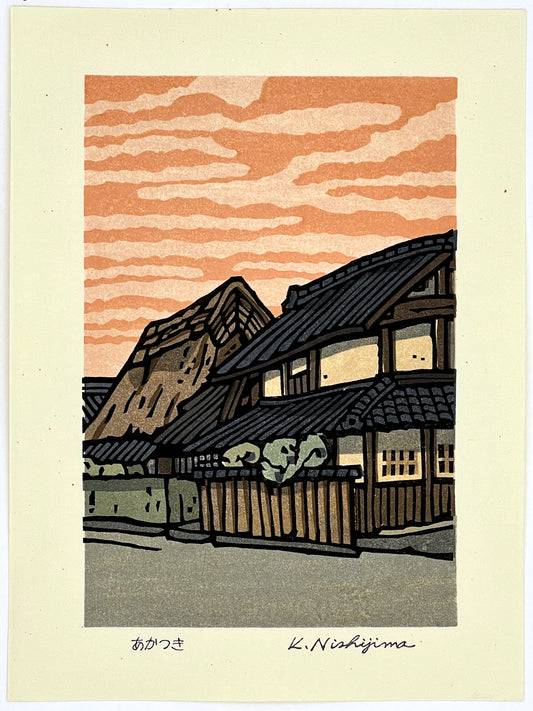 estampe japonaise contemporaine lever de soleil sur maisons traditionnelles japonaises