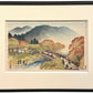 estampe japonaise encadrée de Nomura Yoshimitsu représentant un paysage d'automne avec érables rouges, pont, rivière et promeneurs. Avec cadre noir