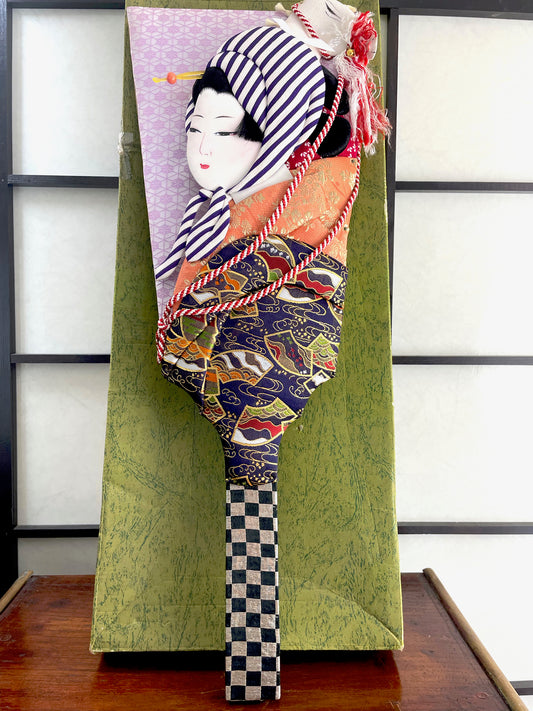 hagoita, raquette japonaise décorative visage femme tissu, entiere