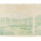 Estampe japonaise contemporaine de Ojima Satoru représentant une forêt de bouleaux et une montagne à Oze. Ciel Jaune, montagne bleue, bouleau blanc et prairie verdoyante. Dos estampe.