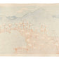 Estampe japonaise contemporaine de Ojima Satoru représentant une forêt rouge et des montagnes grise en arrière-plan. Dos estampe.