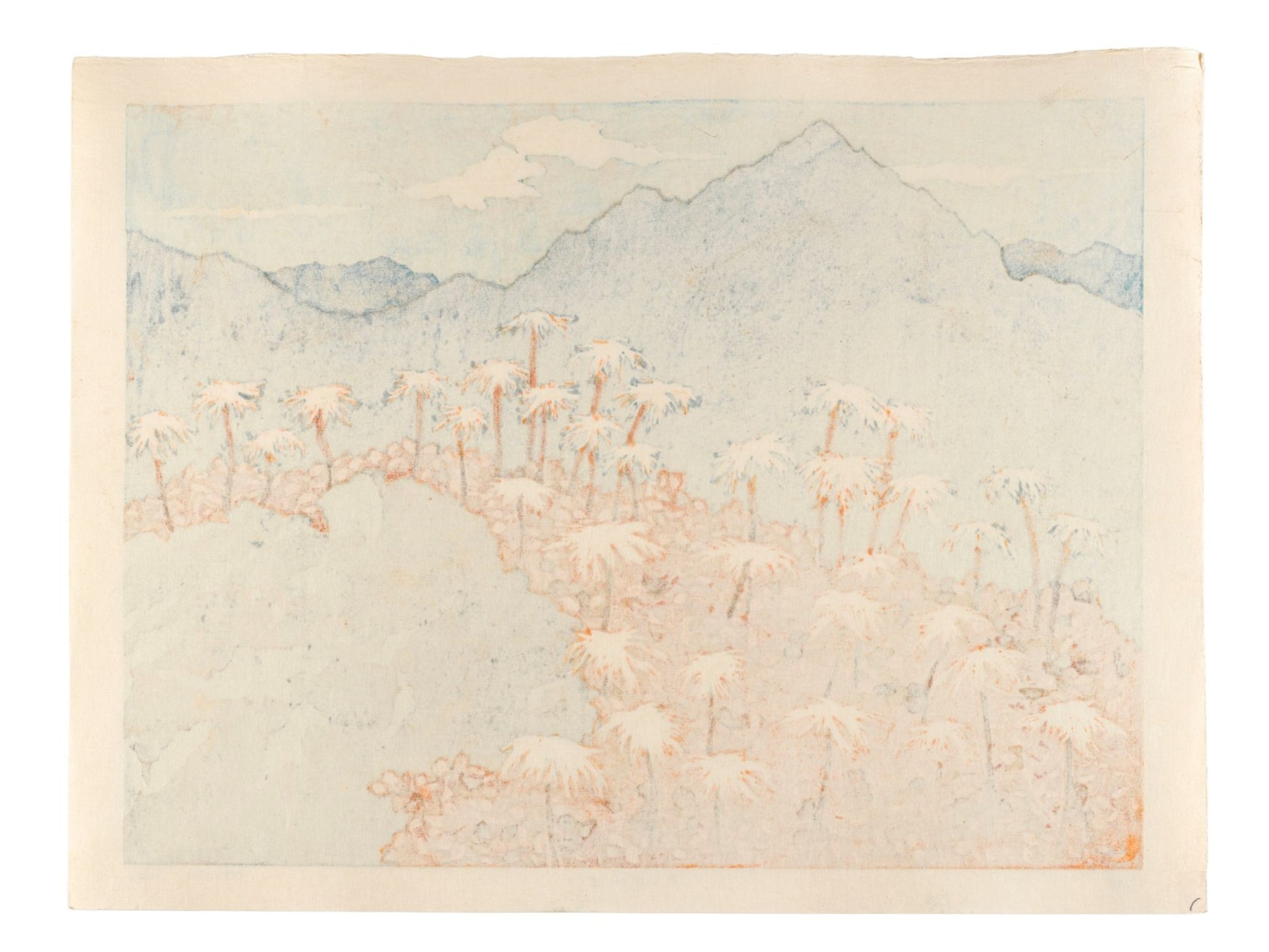 Estampe japonaise contemporaine de Ojima Satoru représentant une forêt rouge et des montagnes grise en arrière-plan. Dos estampe.