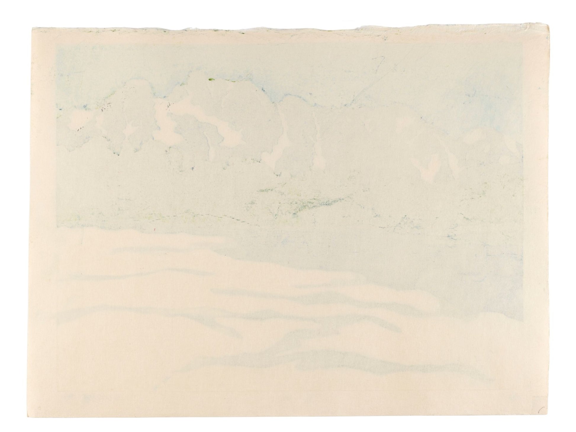 Estampe japonaise contemporaine de Ojima Satoru montrant le mont Tsurugi, une rivière et de la neige au premier plan. Au centre, un bandeau de verdure enlace les montagnes. Dos estampe.