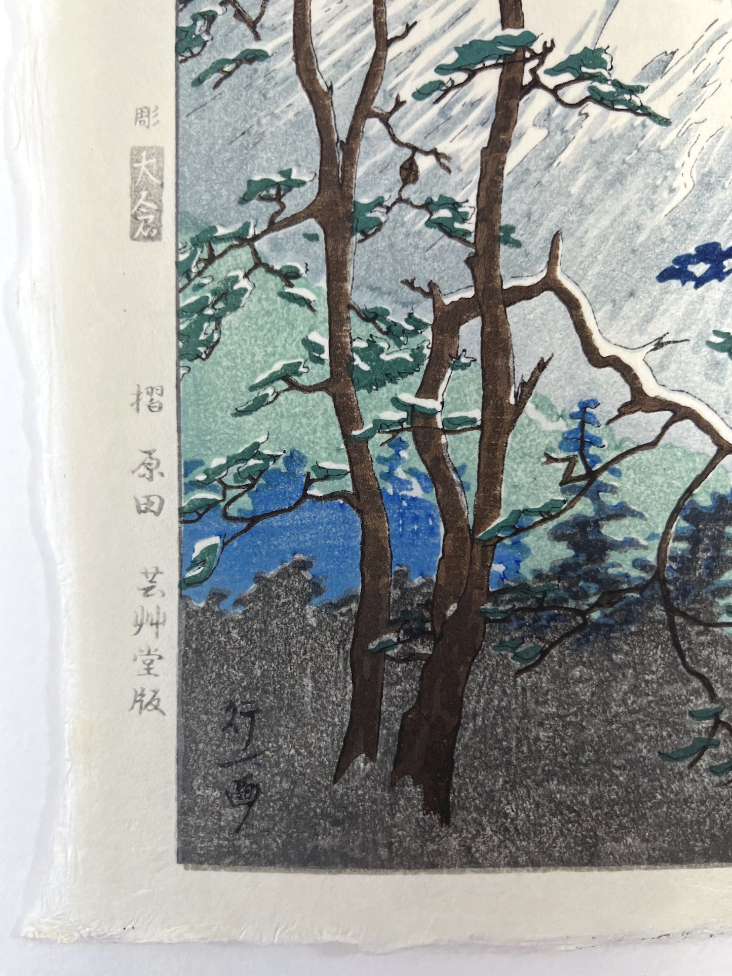 estampe japonaise Mont Fuji blanc dans le gris bleu sombre de la nuit, arbres tortueux au premier plan, la signature de l'artiste
