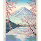estampe japonaise Mont Fuji cerisier en fleurs, reflet dans lac