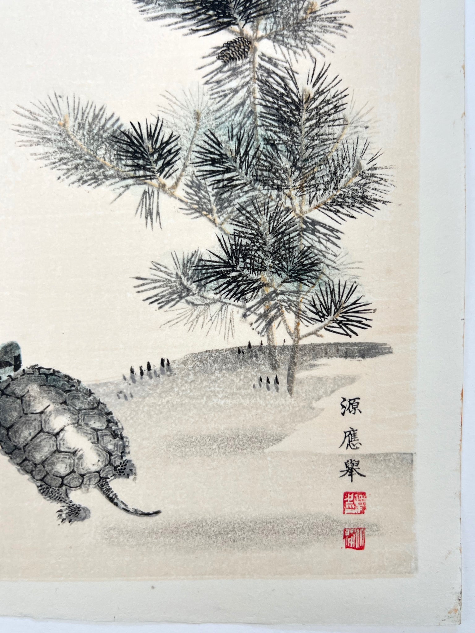 estampe japonaise tortue et pin, détail angle estampe