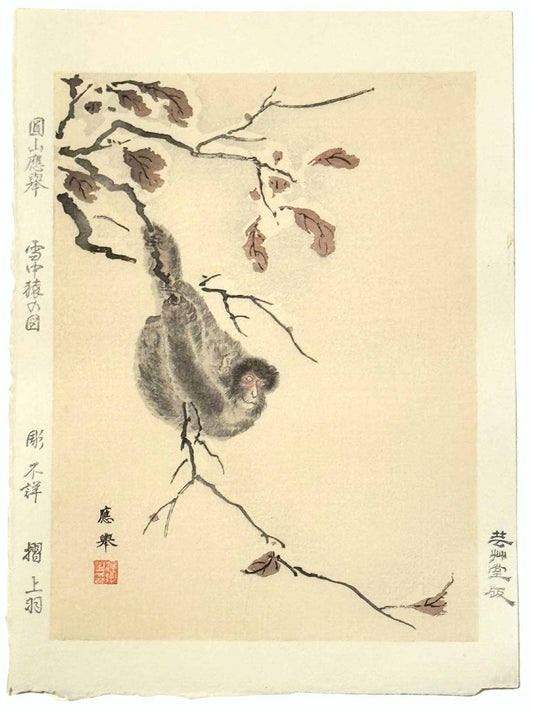 Estampe Japonaise de Maruyama Ôkyo représentant un singe accroché à une branche en hiver