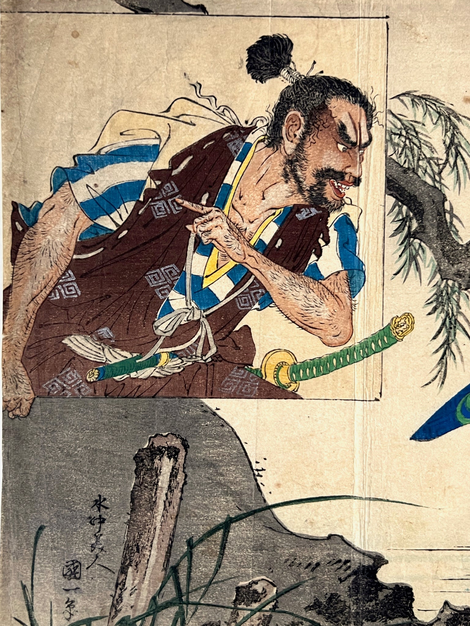 estampe japonaise type Kuchi-e de Otake Konishi, une femme lavant une etole à la rivière est interpelée par un samouraï, gros plan sur le samouraï