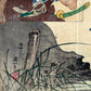 estampe japonaise type Kuchi-e de Otake Konishi, une femme lavant une etole à la rivière est interpelée par un samouraï, sceau rouge de l'artiste et signature
