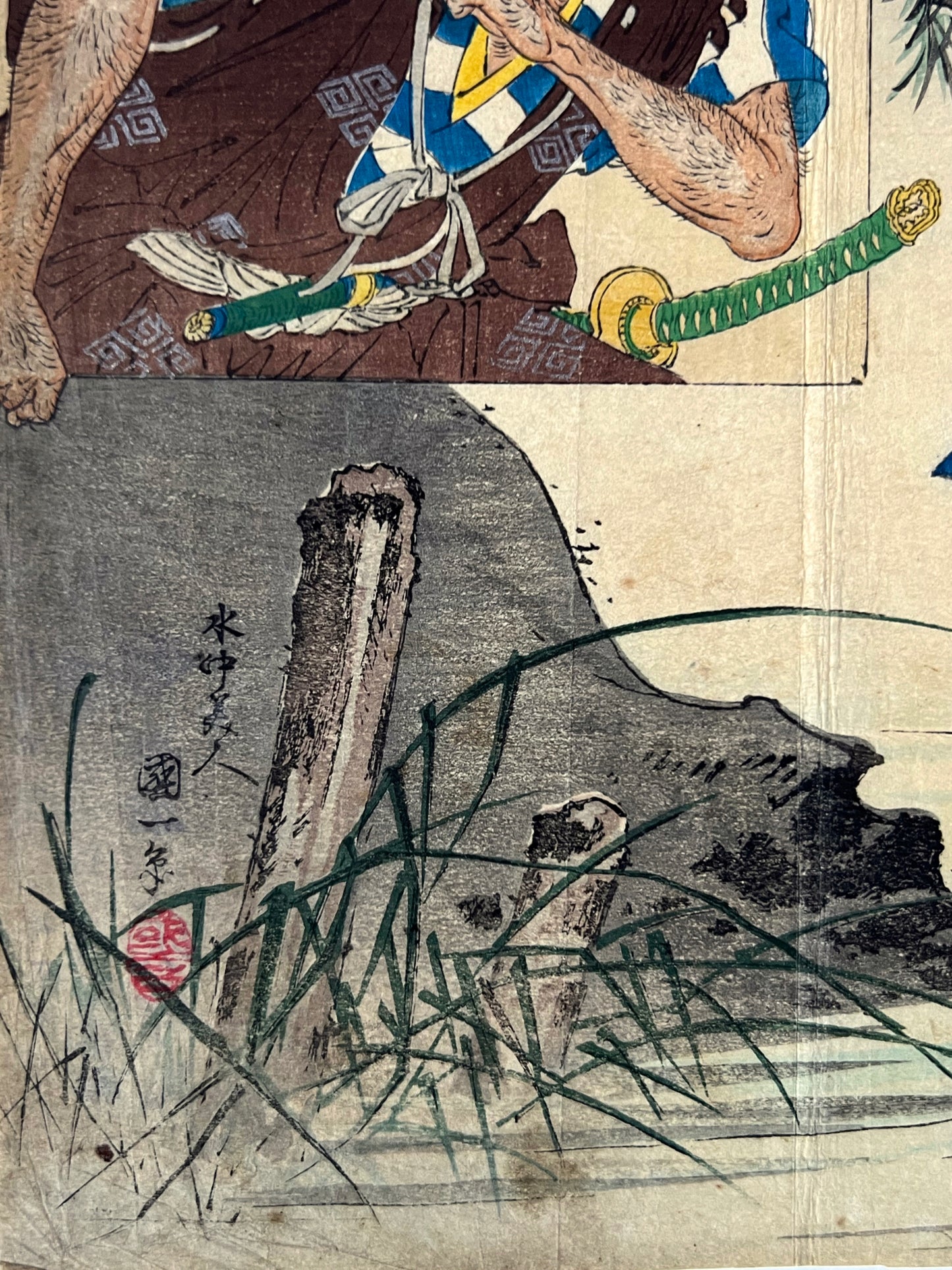 estampe japonaise type Kuchi-e de Otake Konishi, une femme lavant une etole à la rivière est interpelée par un samouraï, sceau rouge de l'artiste et signature
