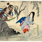 estampe japonaise type Kuchi-e de Otake Konishi, une femme lavant une etole à la rivière est interpelée par un samouraï