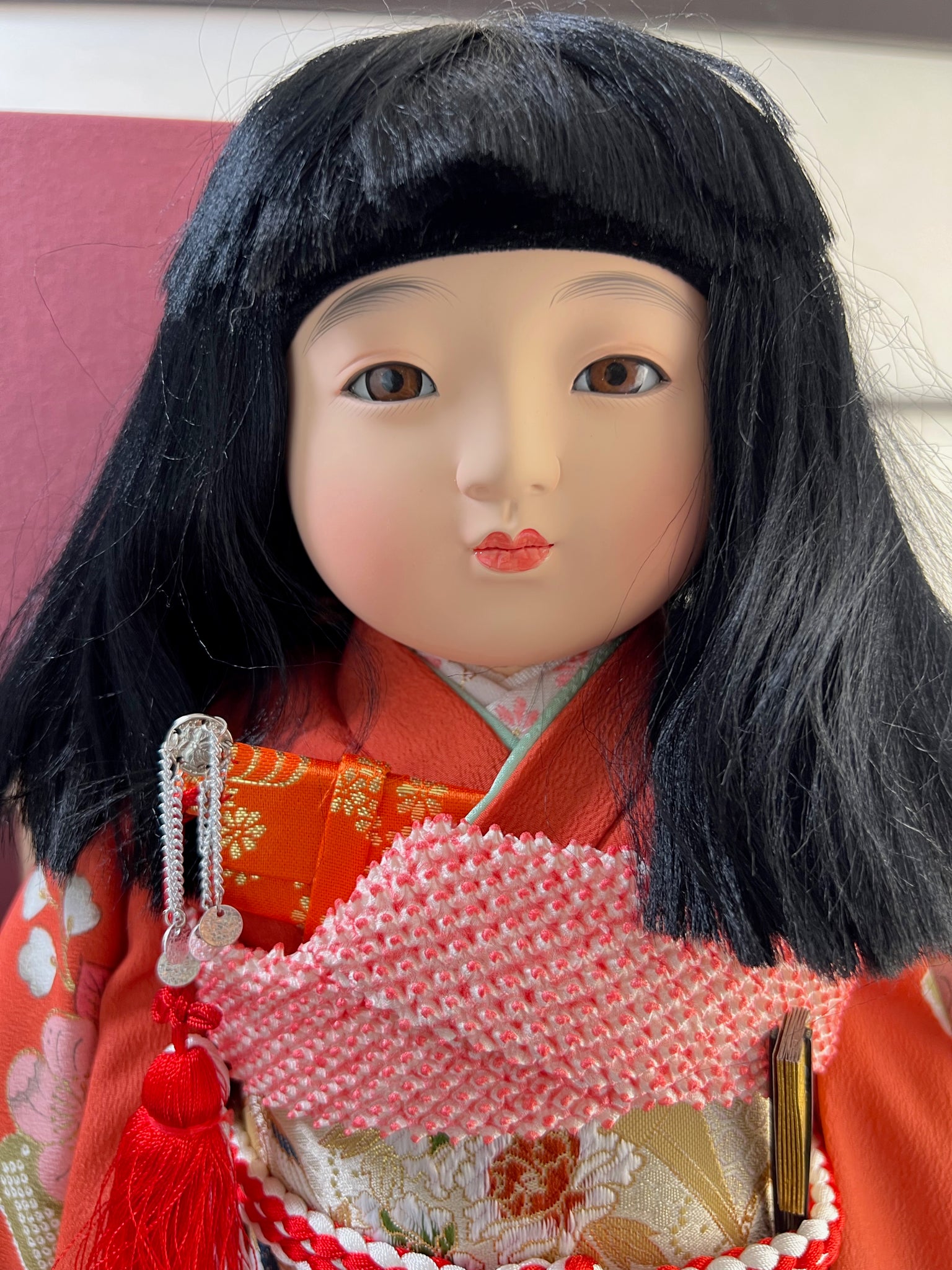 Poupée Japonaise Traditionnelle  Ichimatsu | Jeune fille en kimono orange fleuri tête yeux en verre