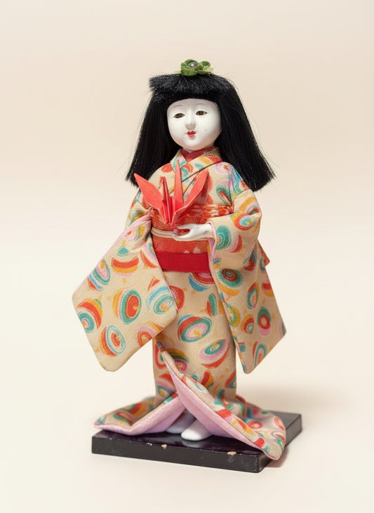 poupée japonaise Ichimatsu en kimono avec grue rouge en origami, vu du profil droit