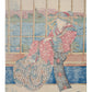 Estampe Japonaise d'Utagawa Sadahide représentant une oiran assise près d’une fenêtre avec vue sur la rivière bordée de cerisiers en fleurs, le verso