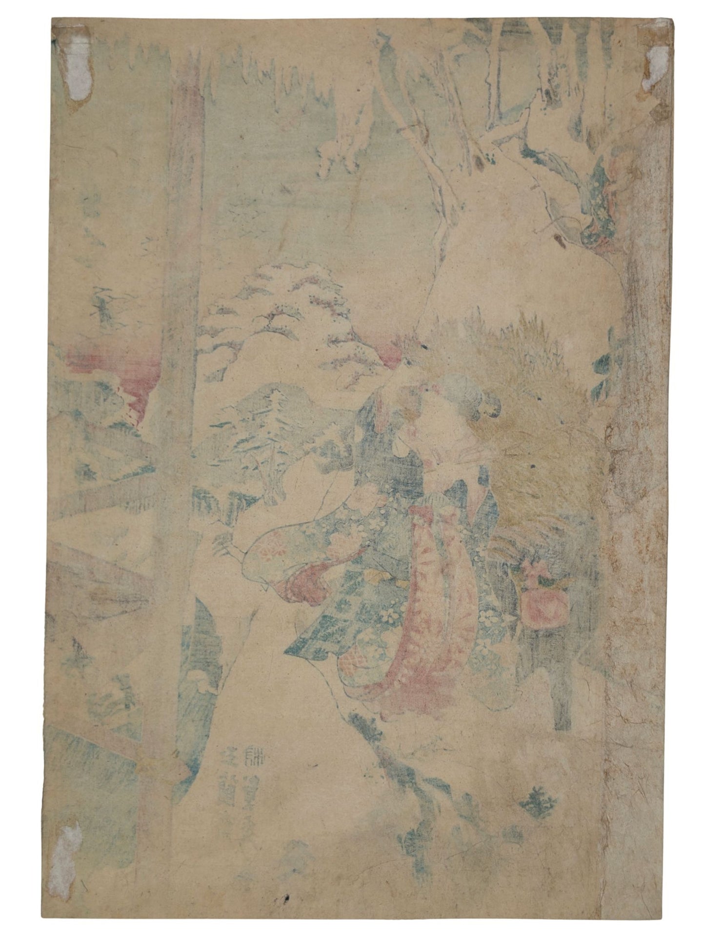 Estampe japonaise d'Utagawa Sadahide représentant Ohorame et son bœuf en pleine ascension d'une montagne enneigée, le verso