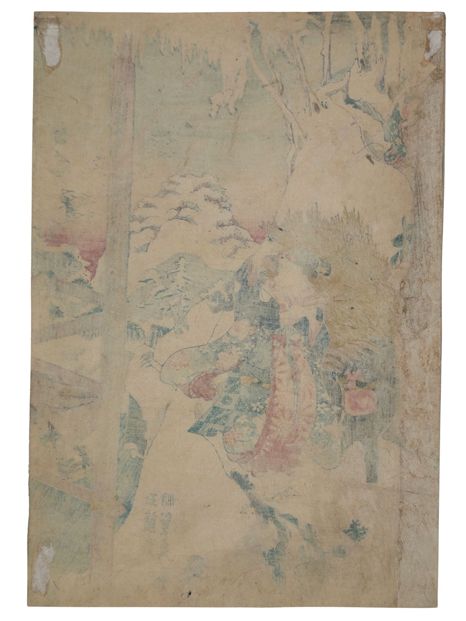 Estampe japonaise d'Utagawa Sadahide représentant Ohorame et son bœuf en pleine ascension d'une montagne enneigée, le verso