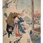 Estampe japonaise d'Utagawa Sadahide représentant Ohorame et son bœuf en pleine ascension d'une montagne enneigée