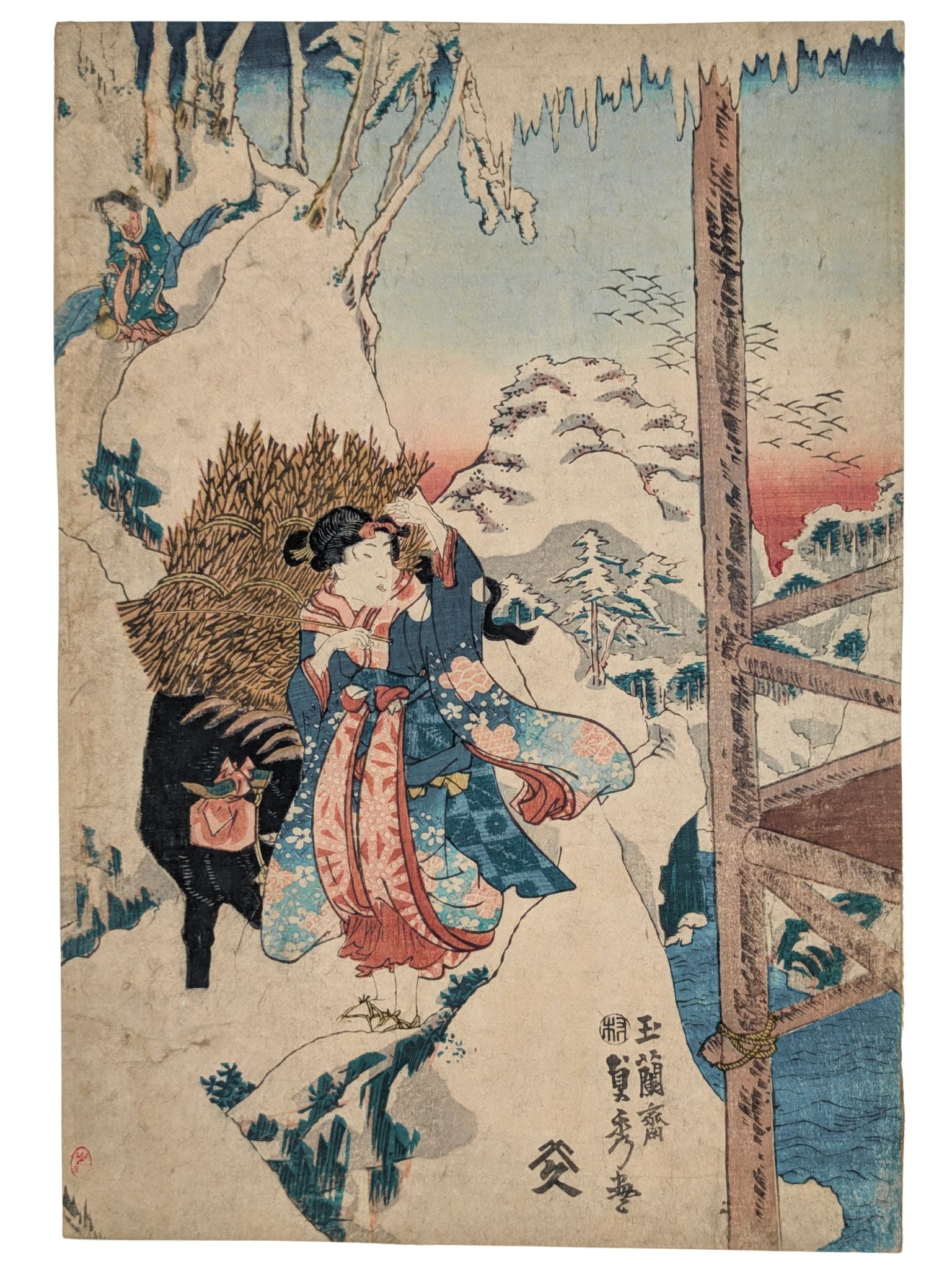 Estampe japonaise d'Utagawa Sadahide représentant Ohorame et son bœuf en pleine ascension d'une montagne enneigée