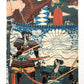 triptyque estampe japonaise samouraï portant des têtes coupées au bout de leurs lances, partie centrale deux samouraïs tenant des têtes coupées dans leurs mains