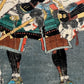 triptyque estampe japonaise samouraï portant des têtes coupées au bout de leurs lances, partie droite, deux têtes coupées sanguinolentes