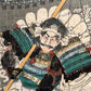 triptyque estampe japonaise samouraï portant des têtes coupées au bout de leurs lances, partie centrale gros plan sur le visage d'un samourai