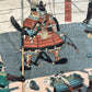 triptyque estampe japonaise samouraï portant des têtes coupées au bout de leurs lances, chef en armure