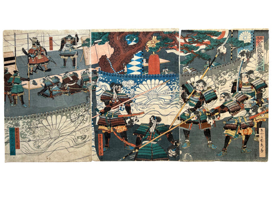 triptyque estampe japonaise samouraï portant des  têtes coupées au bout de leurs lances