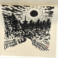 estampe japonaise contemporaine en noir et blanc, chemin vers une pagode au coucher du soleil