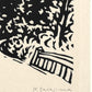 estampe japonaise contemporaine en noir et blanc, chemin vers une pagode au coucher du soleil, signature de l'artiste K.Sasajima