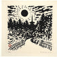 estampe japonaise contemporaine en noir et blanc, chemin vers une pagode au coucher du soleil