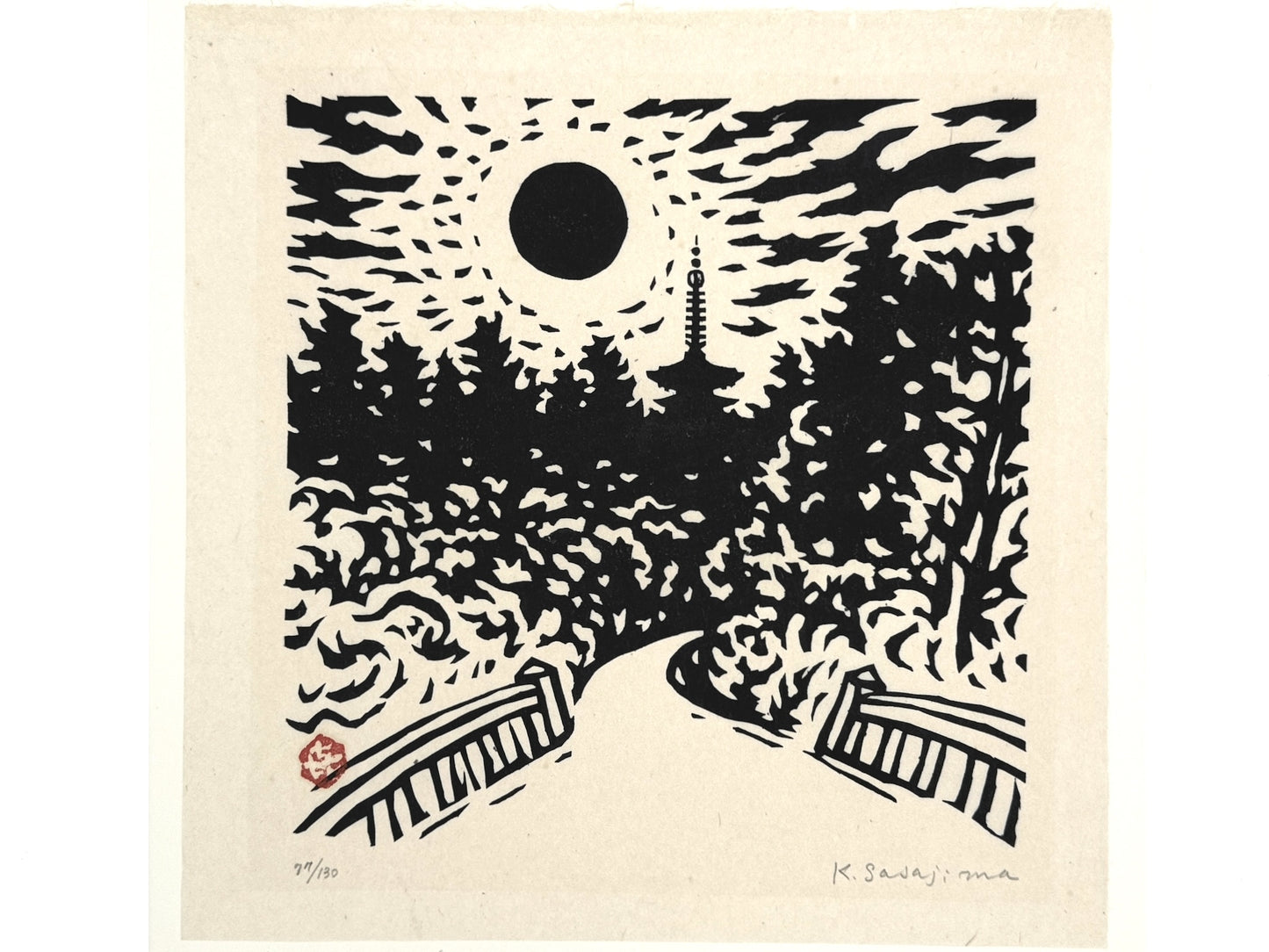estampe japonaise contemporaine en noir et blanc, chemin vers une pagode au coucher du soleil