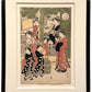 Estampe japonaise encadrée de Shunchô Katsukawa représentant la courtisane Katachino entourée de ses kamuro au Nouvel An, avec cadre noir à angles dorés.