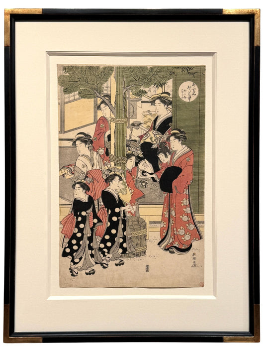 Estampe japonaise encadrée de Shunchô Katsukawa représentant la courtisane Katachino entourée de ses kamuro au Nouvel An, avec cadre noir à angles dorés.