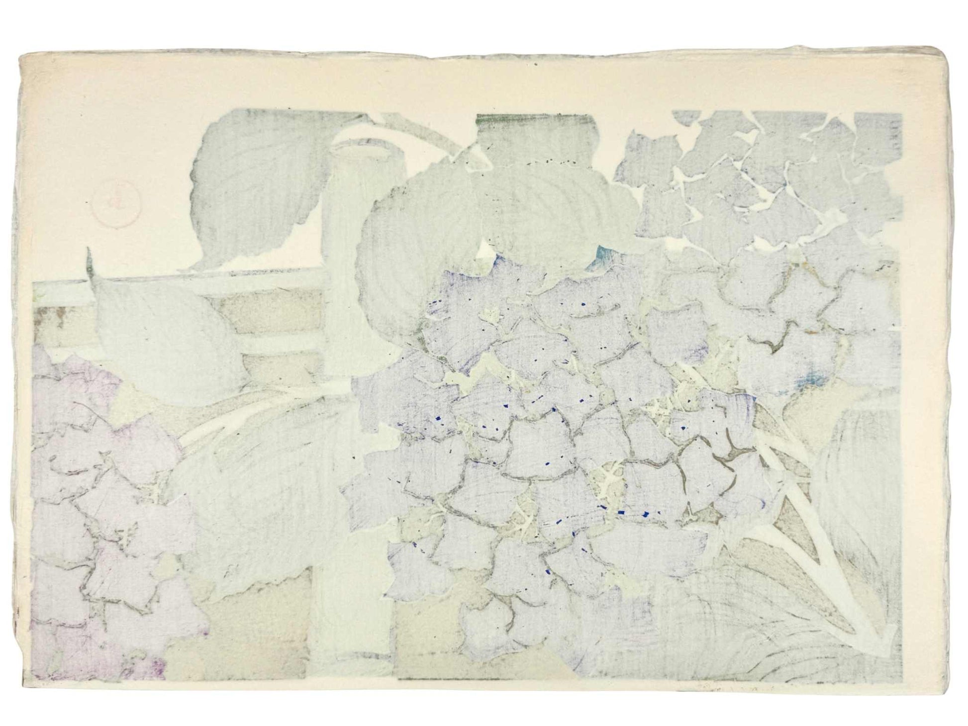Estampe Japonaise de Kamisaka Sekka représentant des fleurs d'hortensias devant une clôture en bambou, sur un fond doré inspiré de l'école Rinpa, le verso