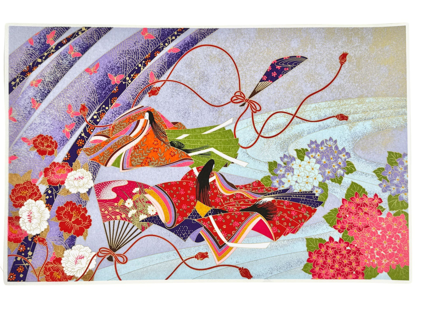 sérigraphie japonaises le prince Genji et une courtisane et éventail, pivoines et hortensia, représentant l'été