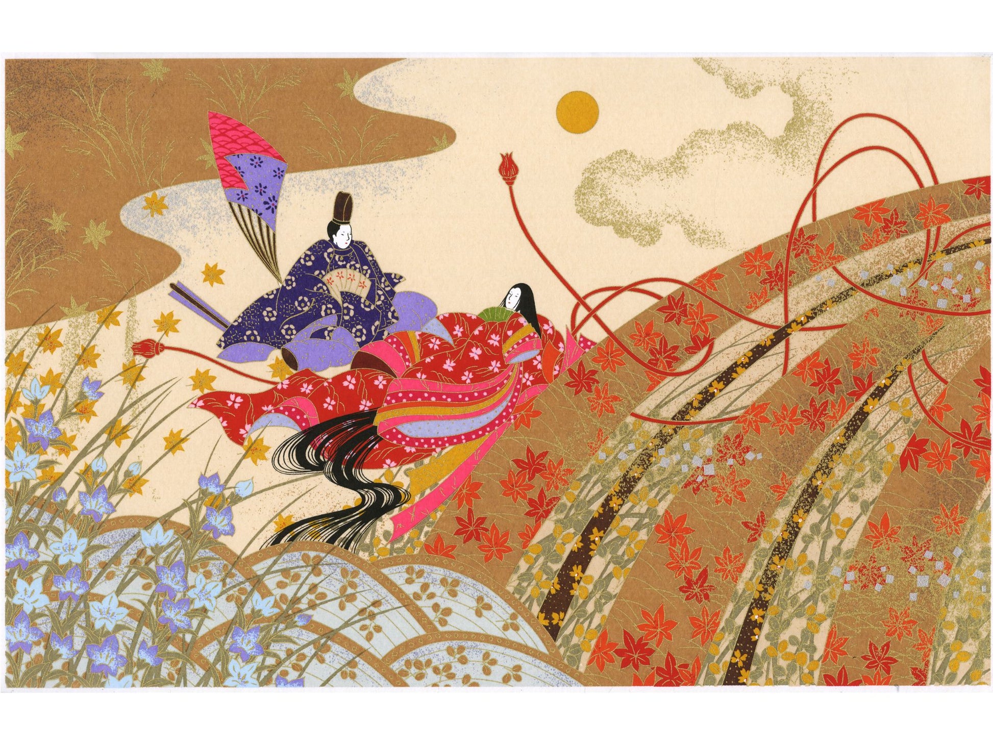 estampe japonaise en sérigraphie représentant l'automne avec couple impériale et feuilles d'érables rouge