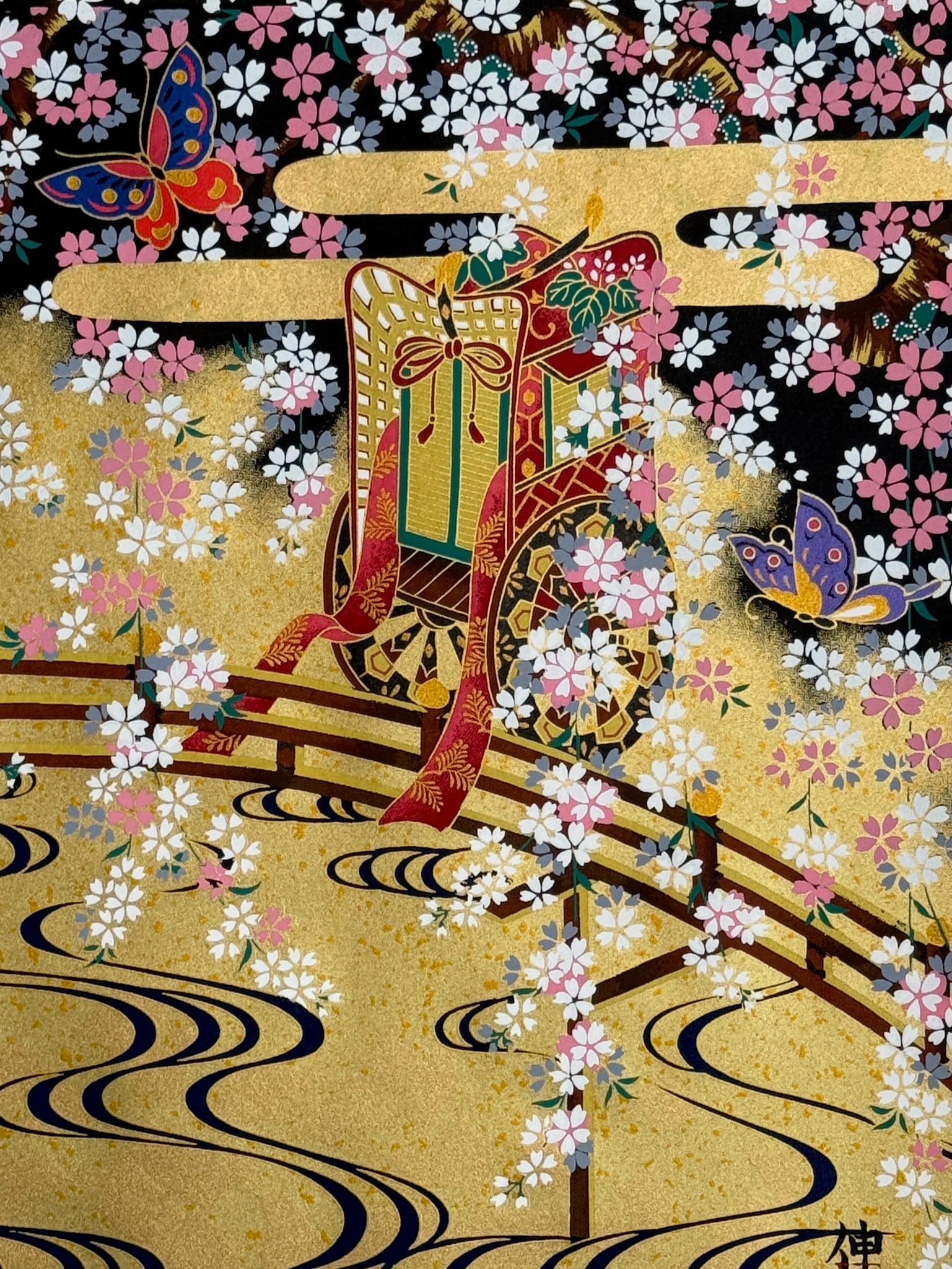 Sérigraphie Japonaise, printemps au pavillon d'or, palanquin coloré. Motif brume en or et deux papillons violet, bleu et rouge