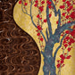Sérigraphie japonaise d'un paysage de printemps. Prunier rouge, fleurs rouges, tronc nuance gris, vert, rivière marron avec motif vague ronde