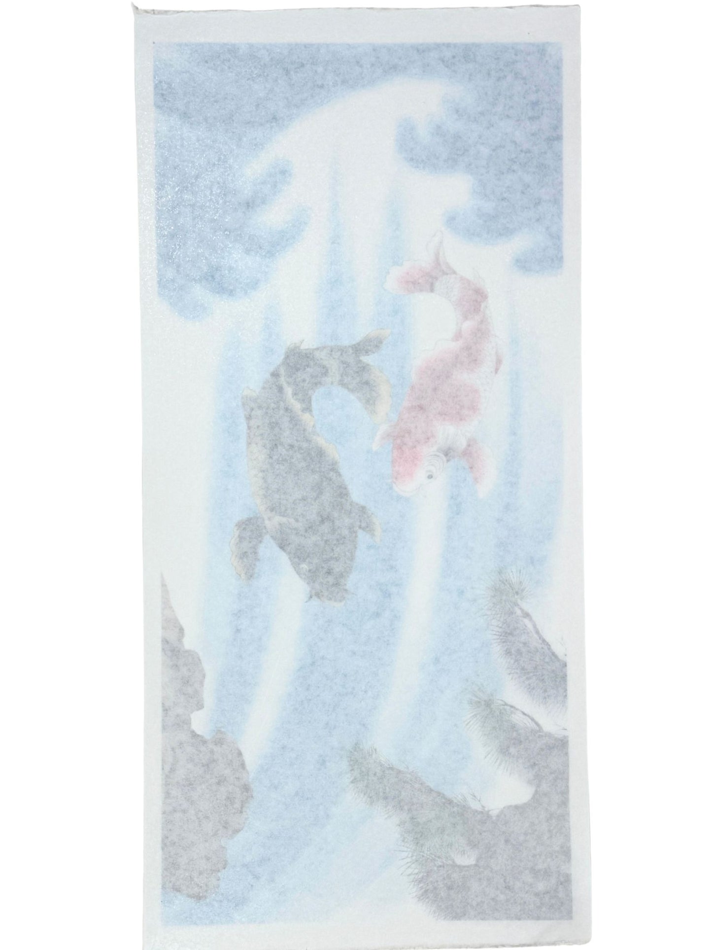 Sérigraphie artisanale japonaise de deux carpes koï sautant une cascade, le verso