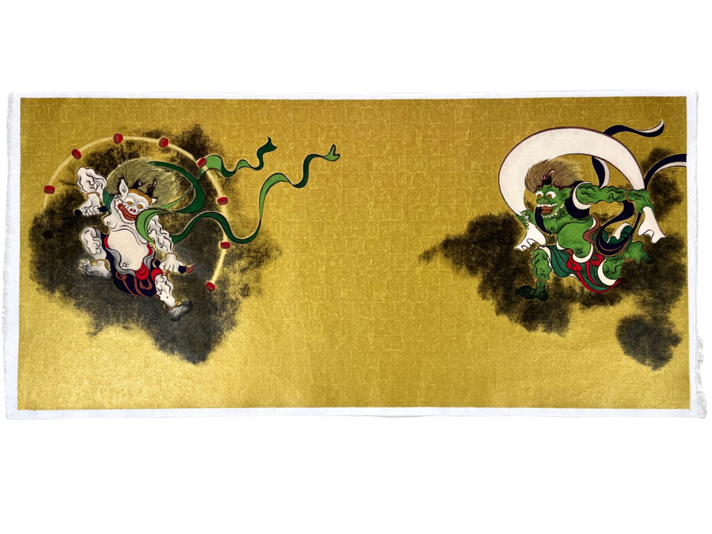 Estampe japonaise Raijin et Fujin, dieux du vent et du tonnerre sur fond doré