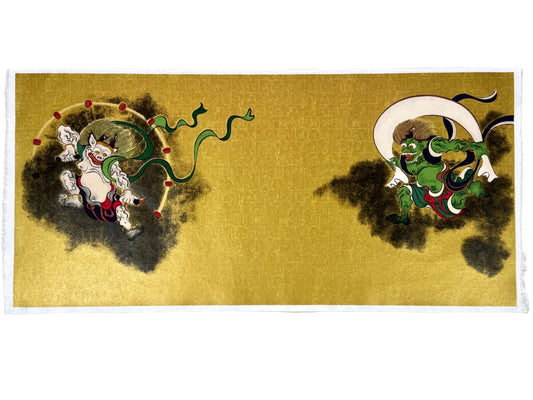 Estampe japonaise Raijin et Fujin, dieux du vent et du tonnerre sur fond doré