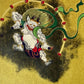 Estampe japonaise Raijin et Fujin sur fond doré, gros pla sur le dieu du Tonnerre Raijin