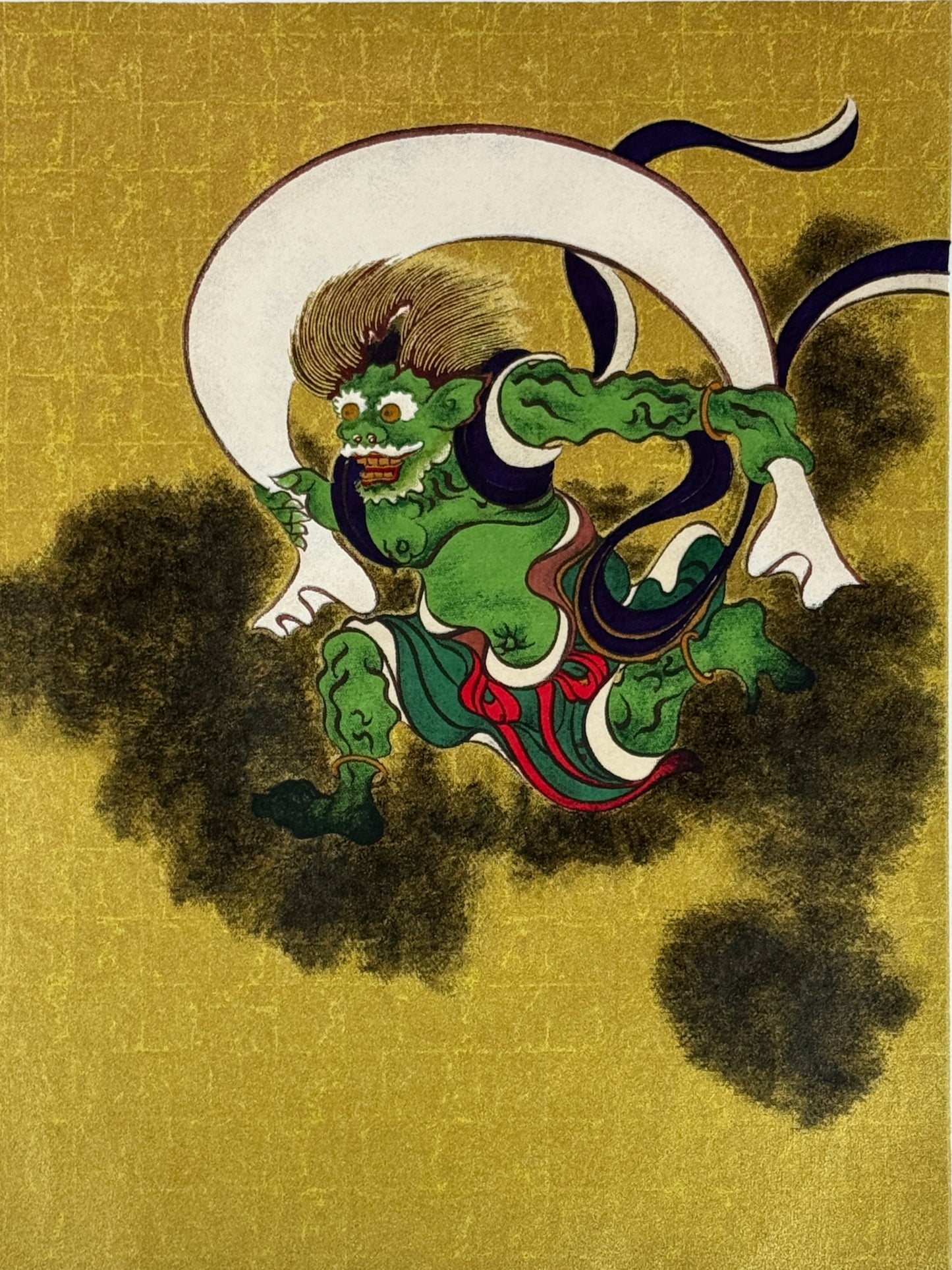 Estampe japonaise Raijin et Fujin sur fond doré, gros plan sur Dieu du vent Fujin