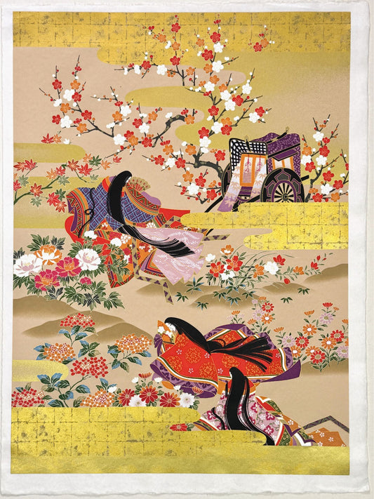 Sérigraphie japonaise de femmes Heian dans un jardin fleuri.